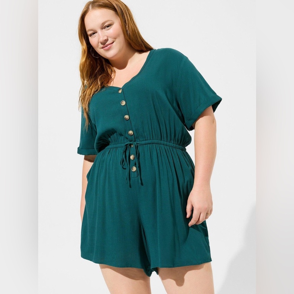 Torrid Rayon Slub Button Front Romper Dark Teal Shabby Chic Coastal Plus Size 1X